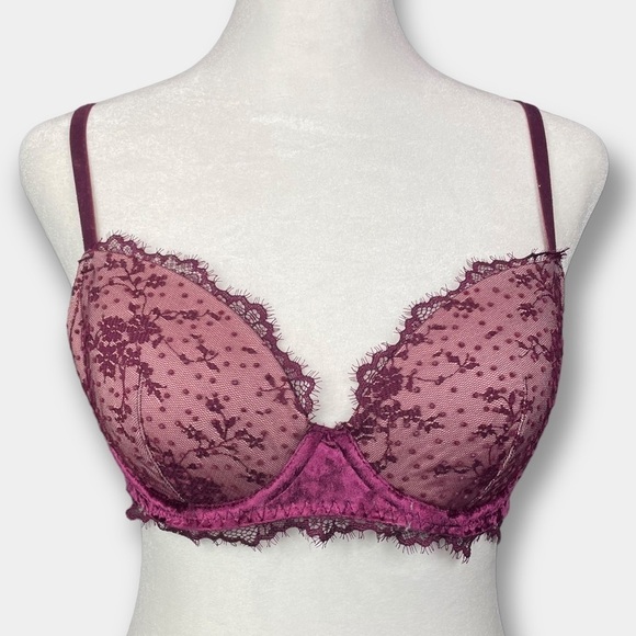 NEW Victoria's Secret Lined Demi Angels Lace Velvet Bra Mauve Size 32D
